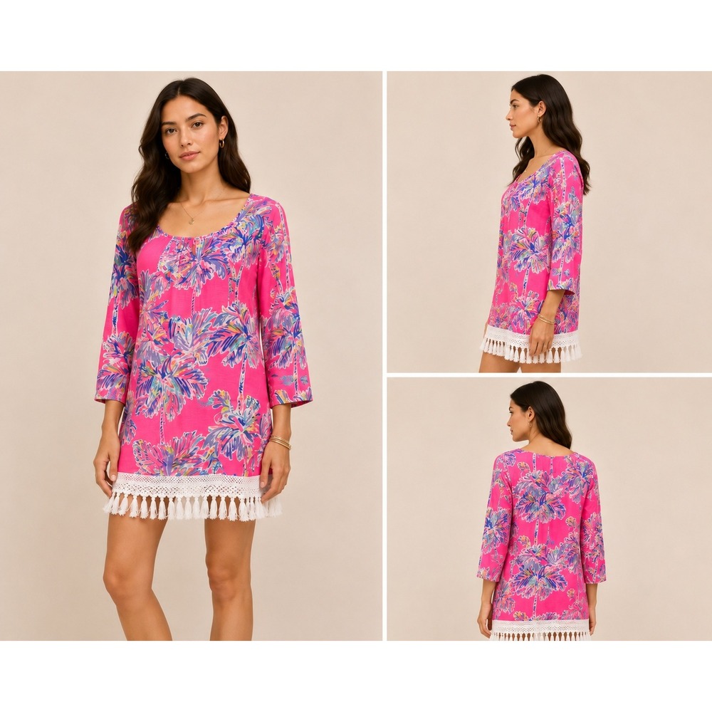 Lilly Pulitzer Alia Beach Cover-Up Tunic Dress Flamingo Pink Nice Stems Palm S